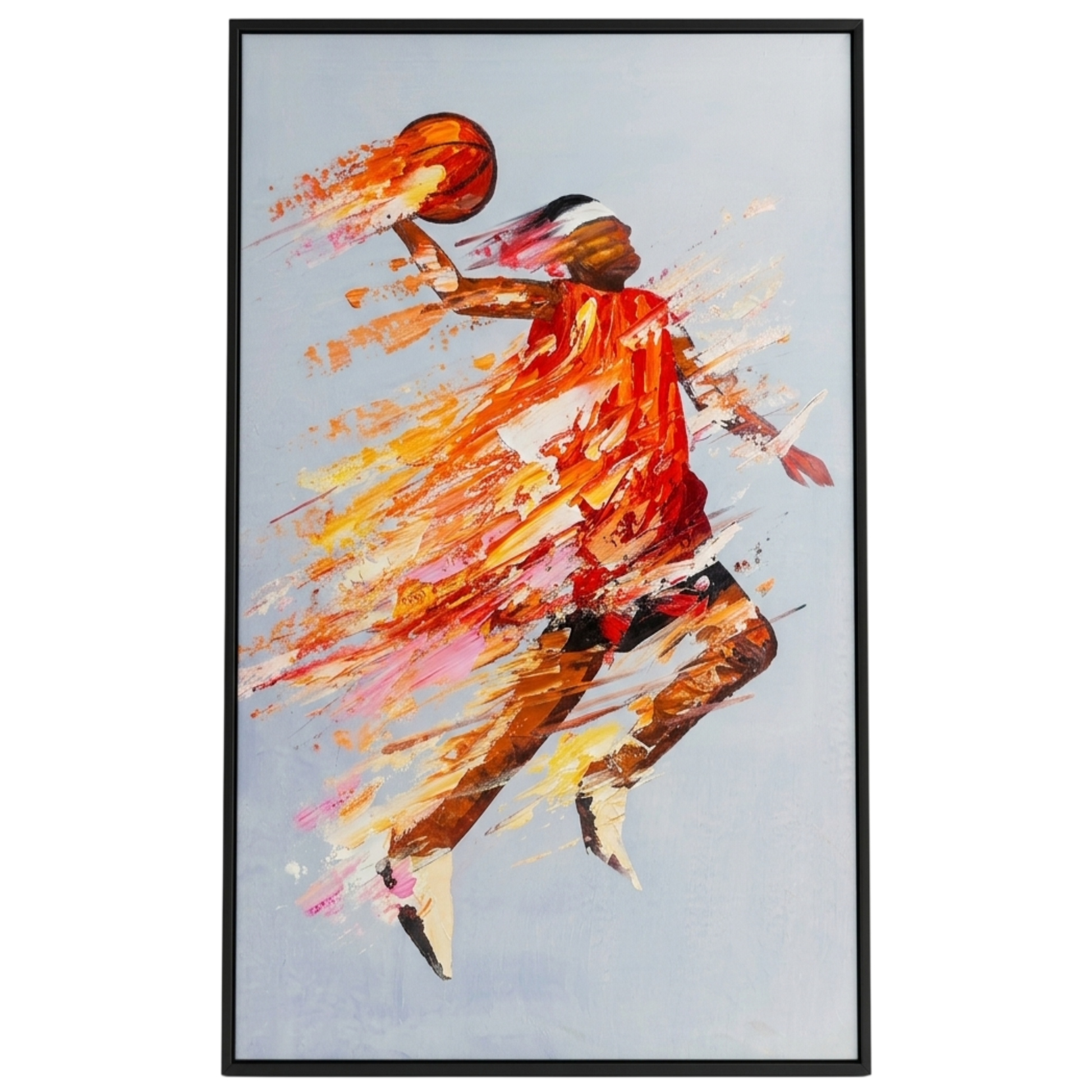 Framed artwork of a dynamic basketball player in action with colorful abstract design.