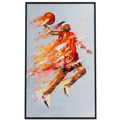 Framed artwork of a dynamic basketball player in action with colorful abstract design.