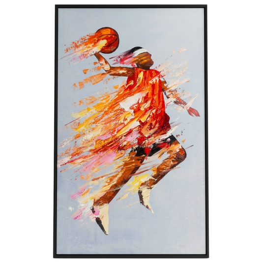 Framed artwork of a dynamic basketball player in action with colorful abstract design.