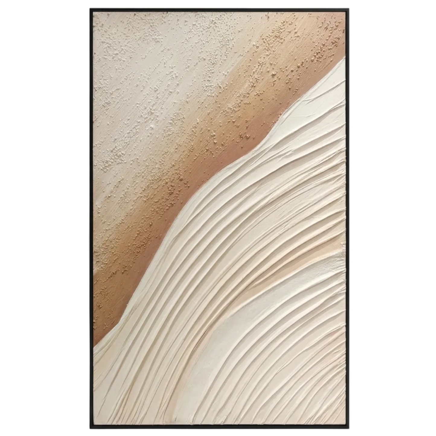 Abstract art print with wavy beige and brown design in a black frame on a white background