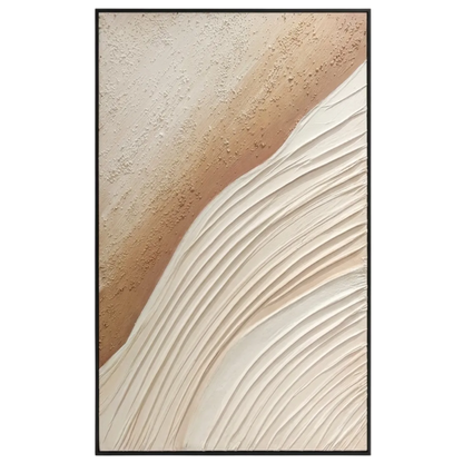 Abstract art print with wavy beige and brown design in a black frame on a white background