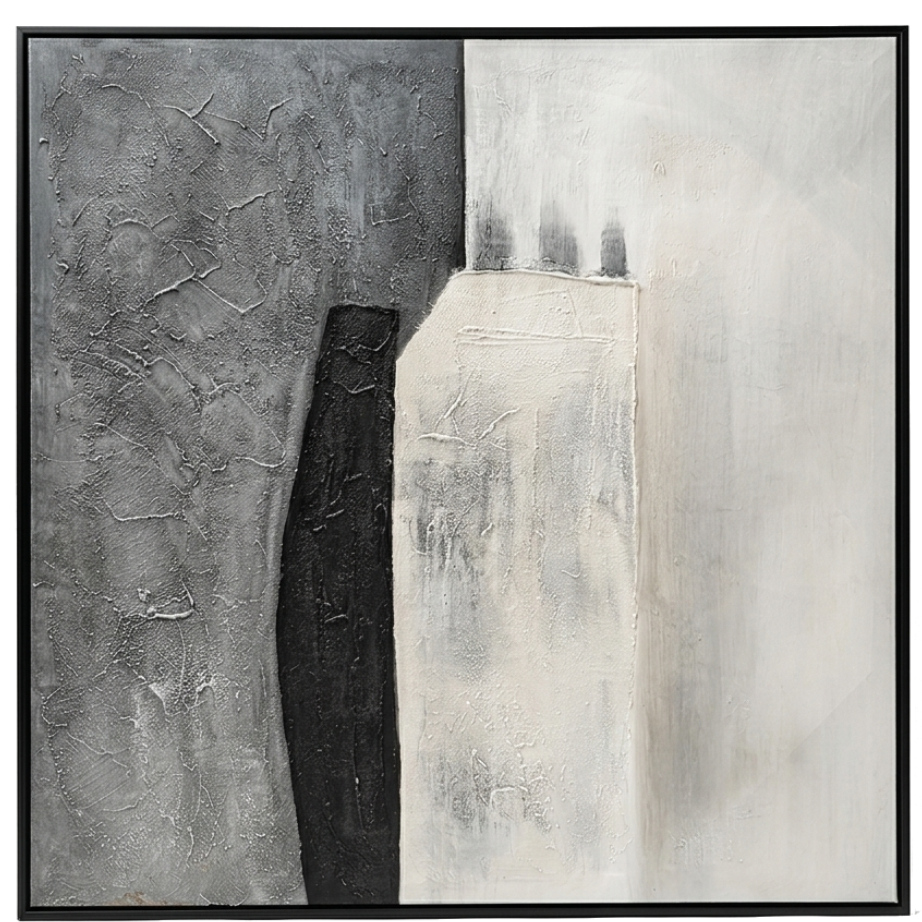 Abstract art piece with black, white, and gray tones on a textured background