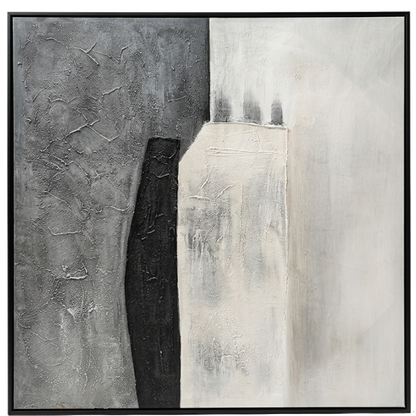 Abstract art piece with black, white, and gray tones on a textured background