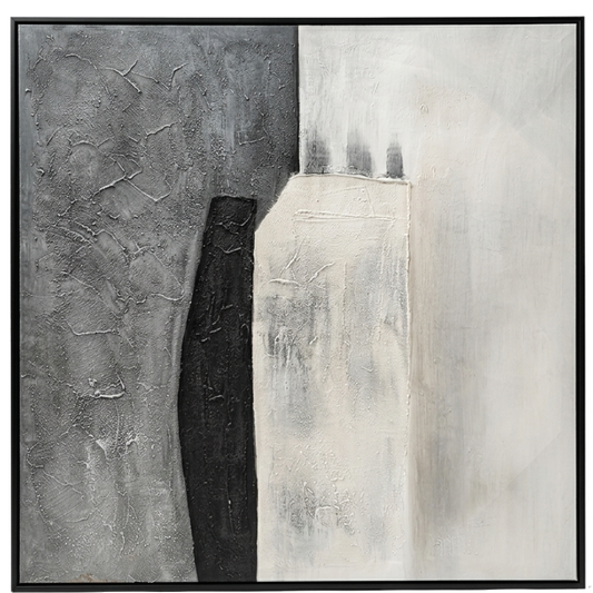 Abstract art piece with black, white, and gray tones on a textured background