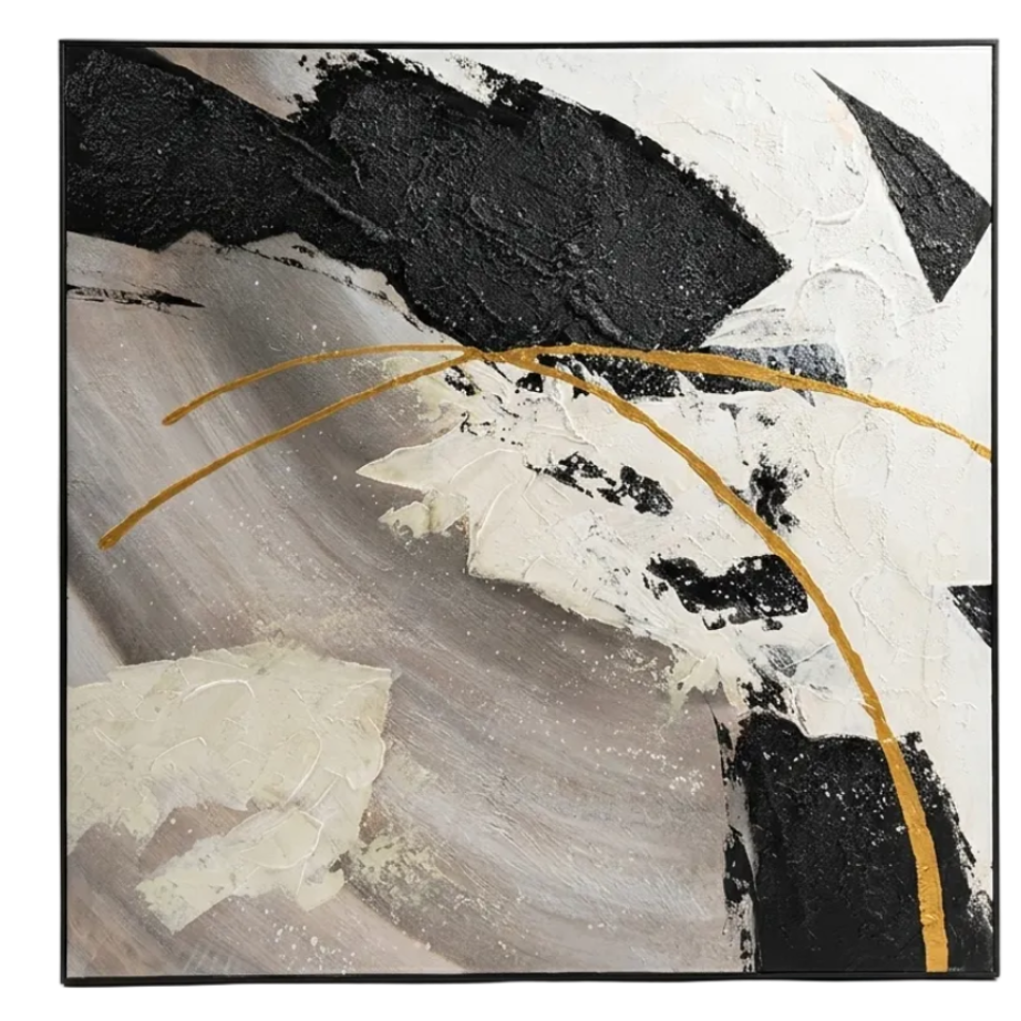 Abstract art piece with black, white, and gold colors on a white background