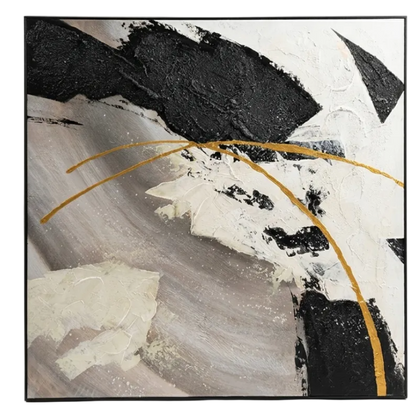 Abstract art piece with black, white, and gold colors on a white background
