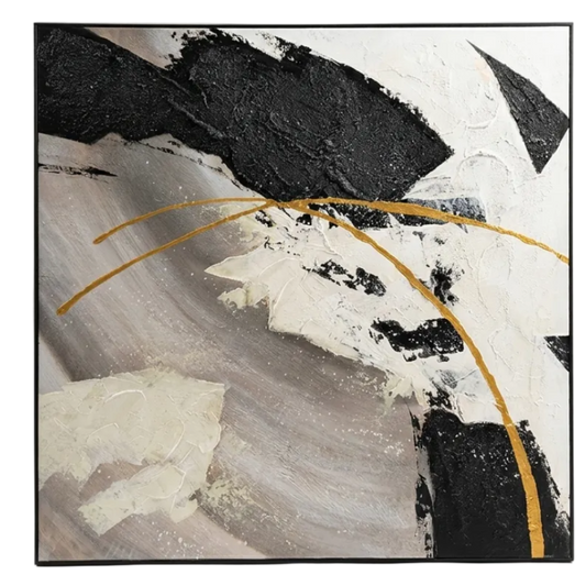 Abstract art piece with black, white, and gold colors on a white background