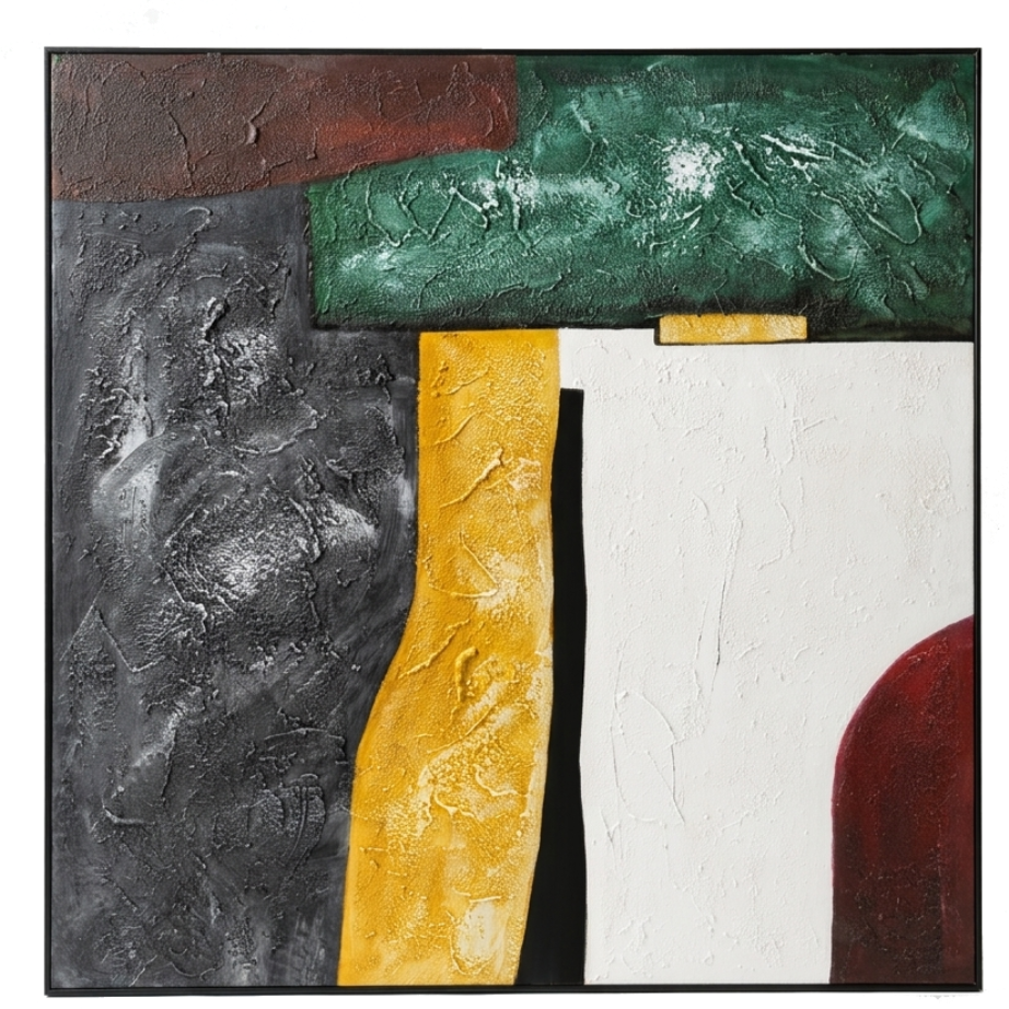 Abstract art piece with geometric shapes in brown, green, yellow, white, and red on a white background.