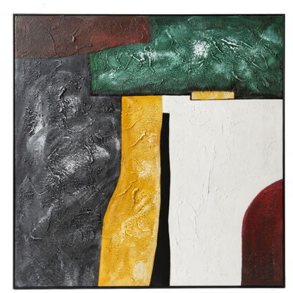 Abstract art piece with geometric shapes in brown, green, yellow, white, and red on a white background.