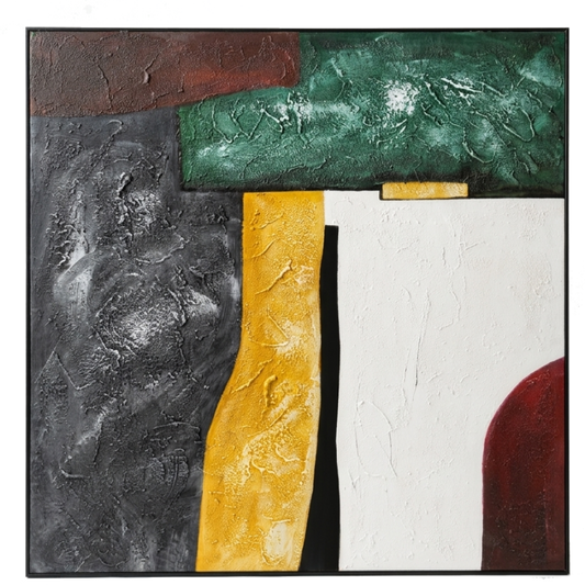 Abstract art piece with geometric shapes in brown, green, yellow, white, and red on a white background.