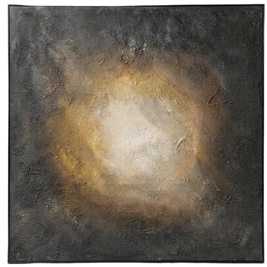 Abstract painting with a central spiral effect on a textured surface