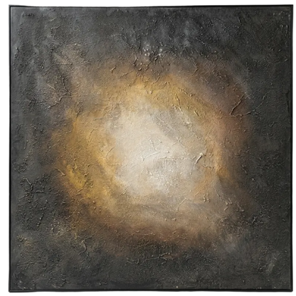 Abstract painting with a central spiral effect on a textured surface