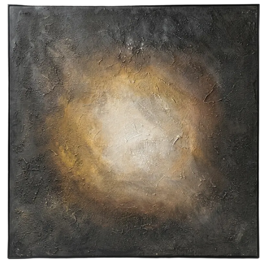 Abstract painting with a central spiral effect on a textured surface