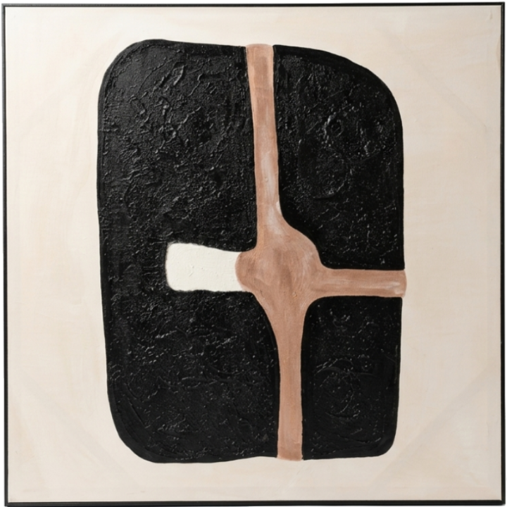 An abstract painting featuring a textured black organic shape with a central beige cross-like form and a small white accent, set against a warm cream background and enclosed in a thin black frame.