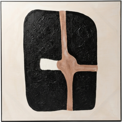 An abstract painting featuring a textured black organic shape with a central beige cross-like form and a small white accent, set against a warm cream background and enclosed in a thin black frame.