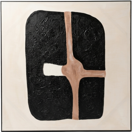 An abstract painting featuring a textured black organic shape with a central beige cross-like form and a small white accent, set against a warm cream background and enclosed in a thin black frame.