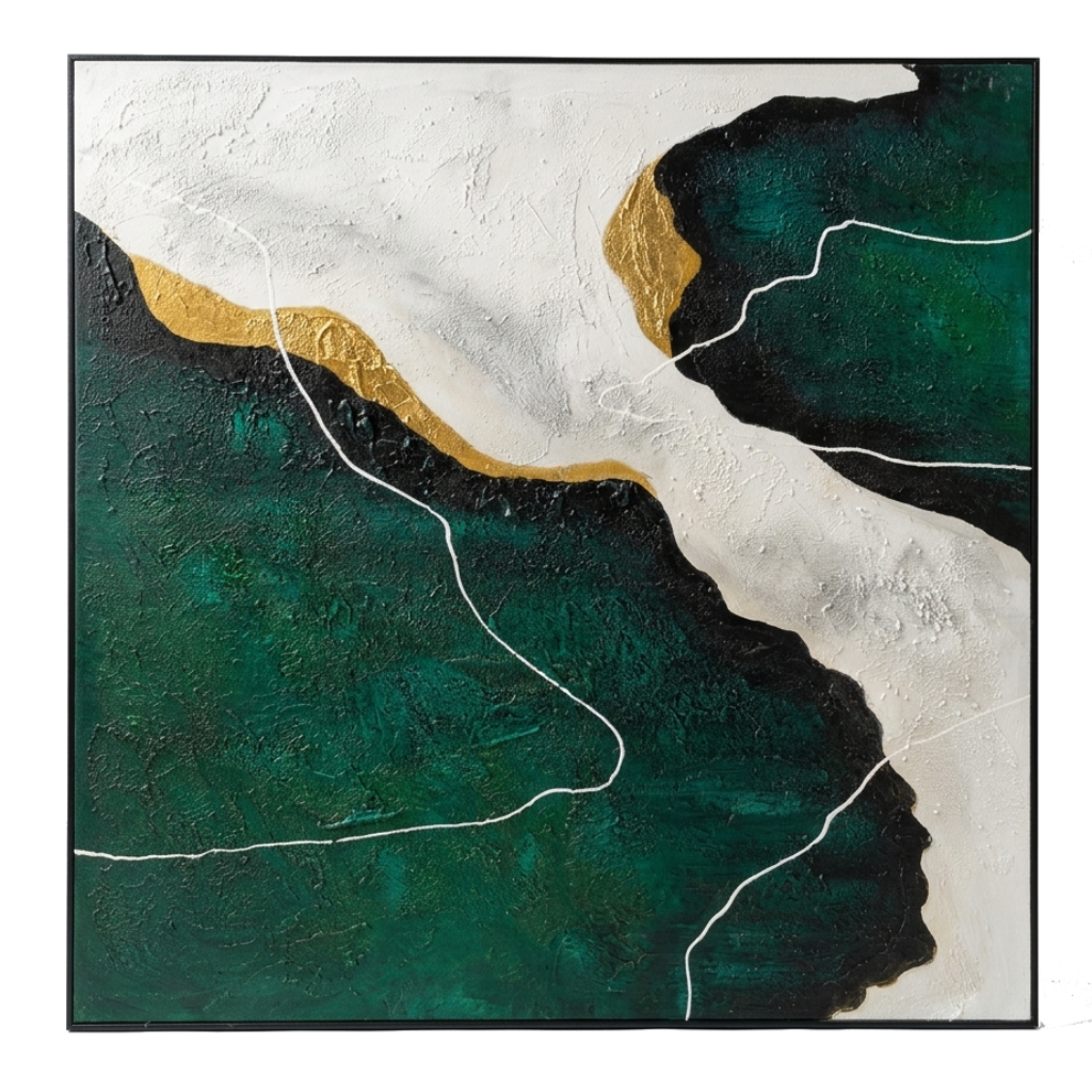 Abstract art piece with green, white, and gold colors on a white background