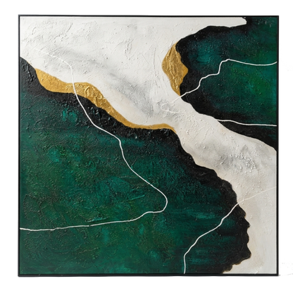 Abstract art piece with green, white, and gold colors on a white background
