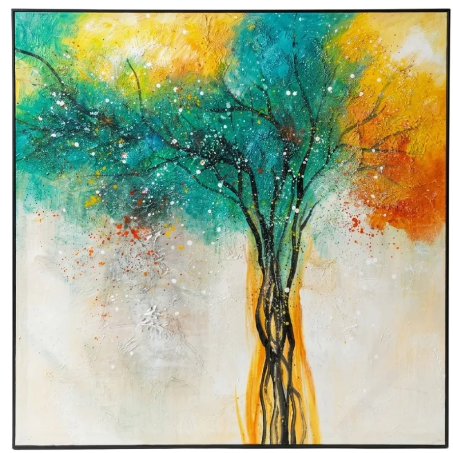 Colorful abstract painting of a tree with a white background
