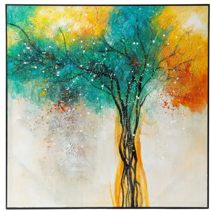 Colorful abstract painting of a tree with a white background