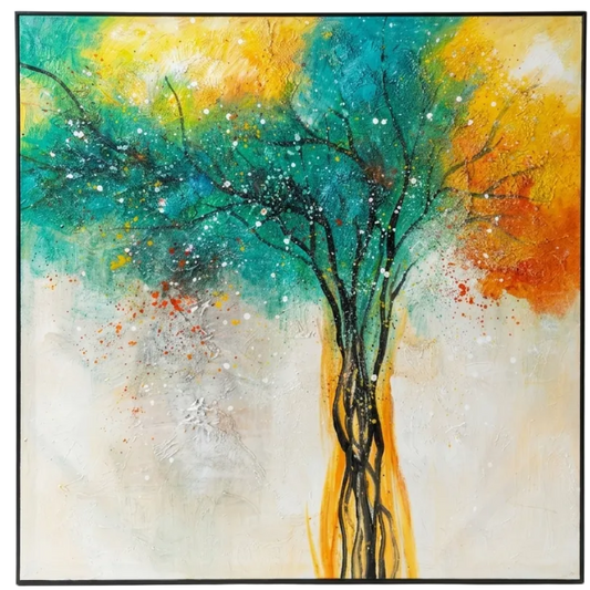 Colorful abstract painting of a tree with a white background