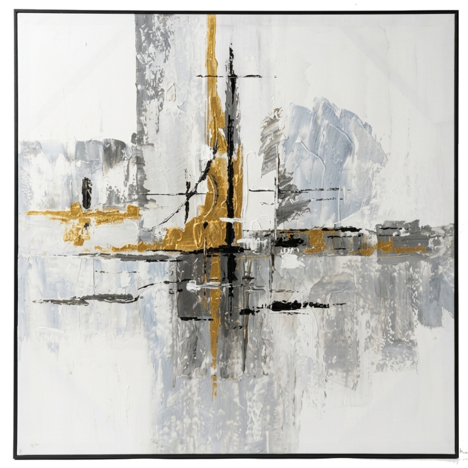 Abstract art piece with gold and black elements on a white background