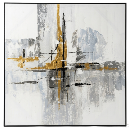 Abstract art piece with gold and black elements on a white background