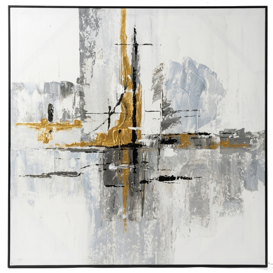 Abstract art piece with gold and black elements on a white background
