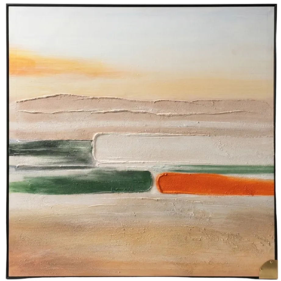 Abstract art piece with horizontal stripes of green, orange, and beige on a white background