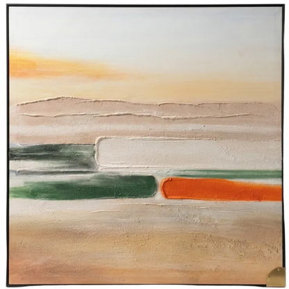 Abstract art piece with horizontal stripes of green, orange, and beige on a white background