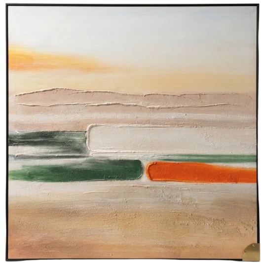 Abstract art piece with horizontal stripes of green, orange, and beige on a white background