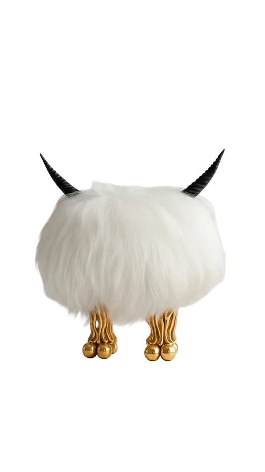 Decorative animal head with white fur, black horns, and gold legs on a white background