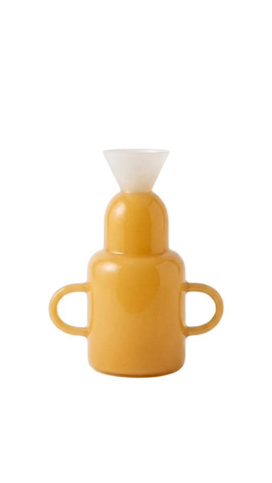 Yellow bottle-shaped vase with white top on a white background