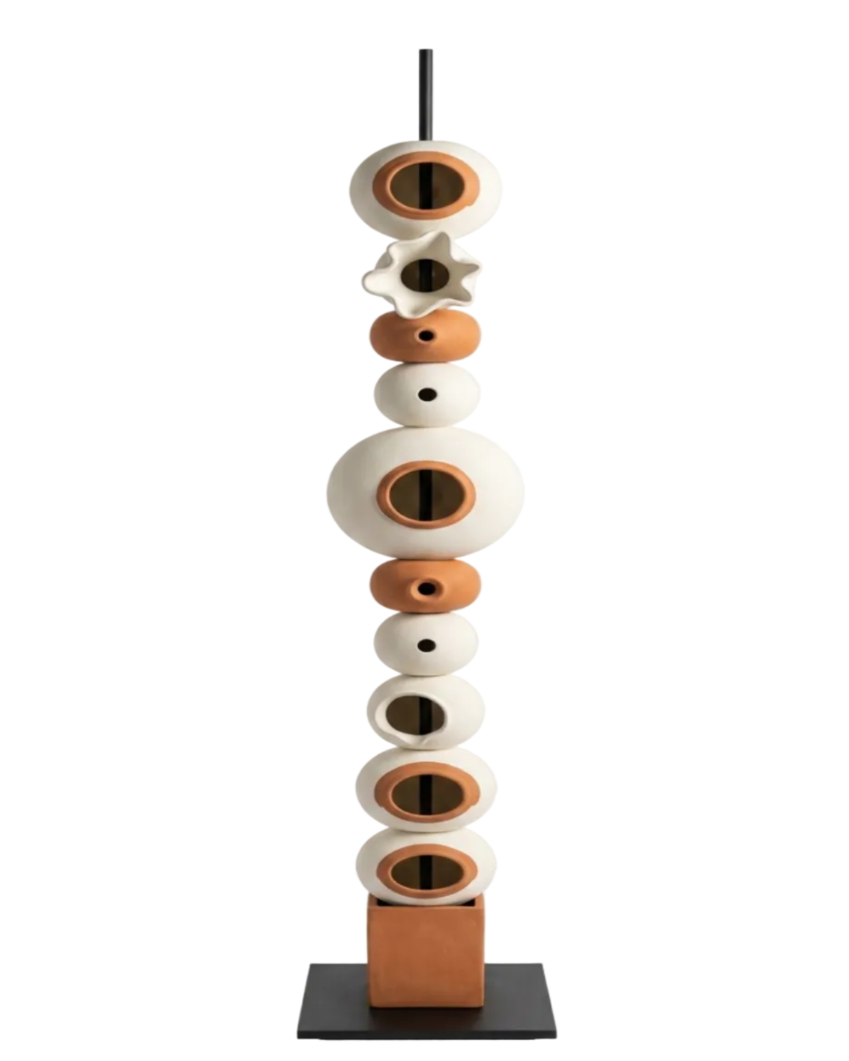 Decorative sculpture with stacked ceramic elements on a white background