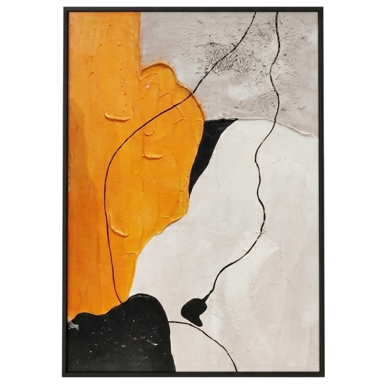 Abstract art piece with orange, black, and gray colors on a white background