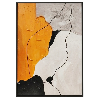 Abstract art piece with orange, black, and gray colors on a white background