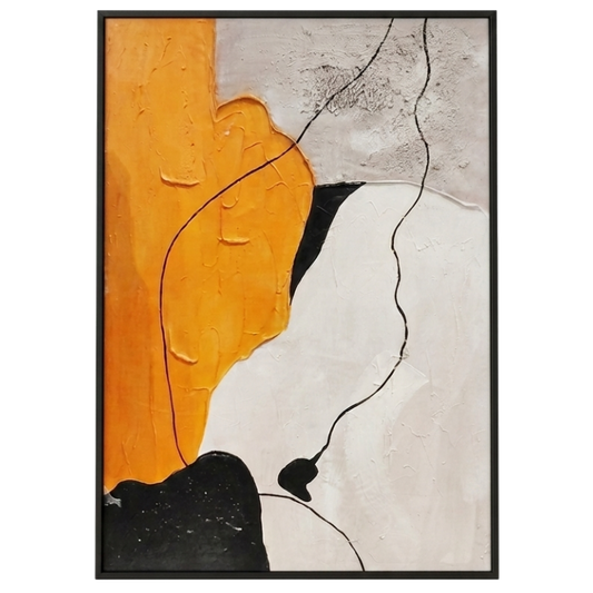 Abstract art piece with orange, black, and gray colors on a white background