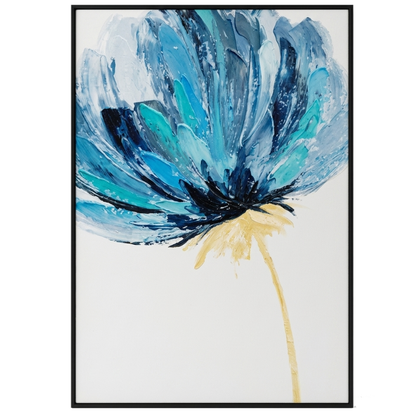 Framed abstract art of a blue flower with a yellow center on a white background
