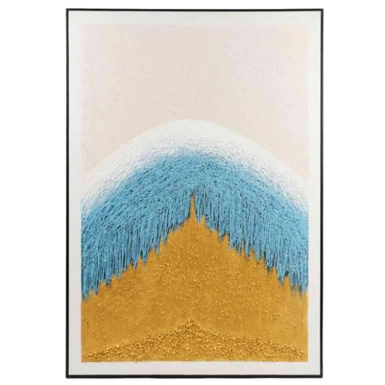 Abstract art piece with blue and gold gradient on a white background