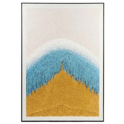 Abstract art piece with blue and gold gradient on a white background