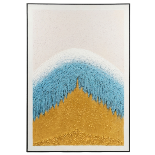 Abstract art piece with blue and gold gradient on a white background
