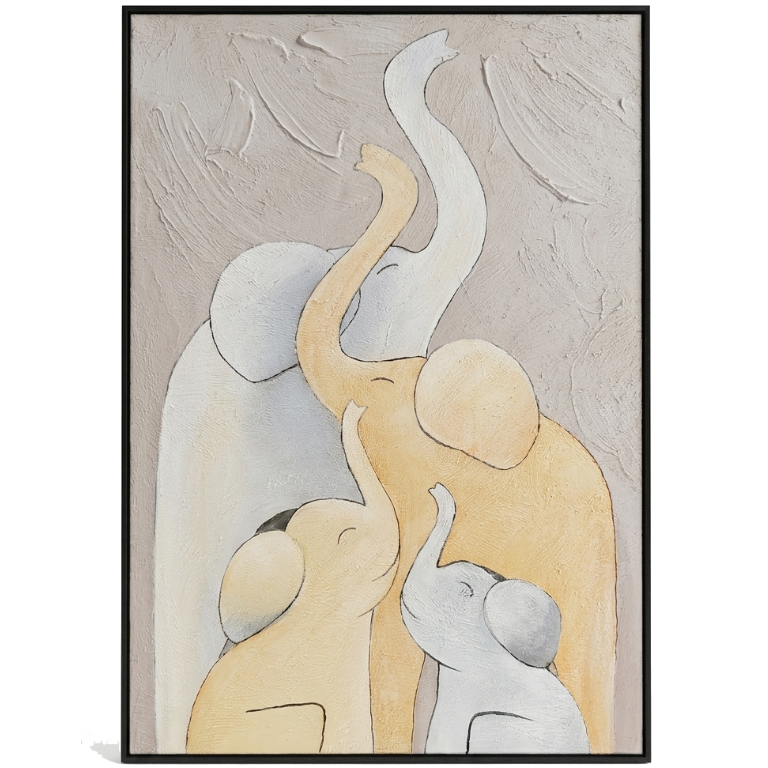 Abstract artwork of elephants in a minimalistic style with a neutral color palette.