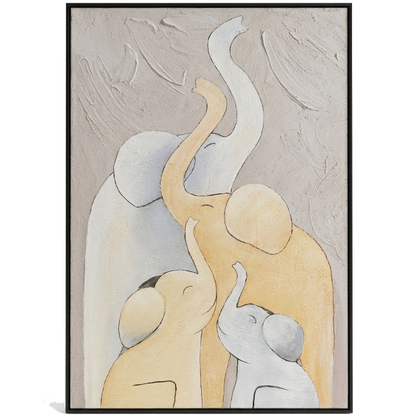 Abstract artwork of elephants in a minimalistic style with a neutral color palette.