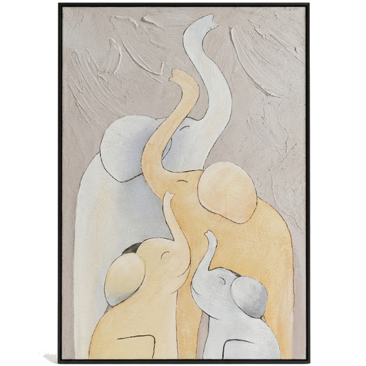 Abstract artwork of elephants in a minimalistic style with a neutral color palette.
