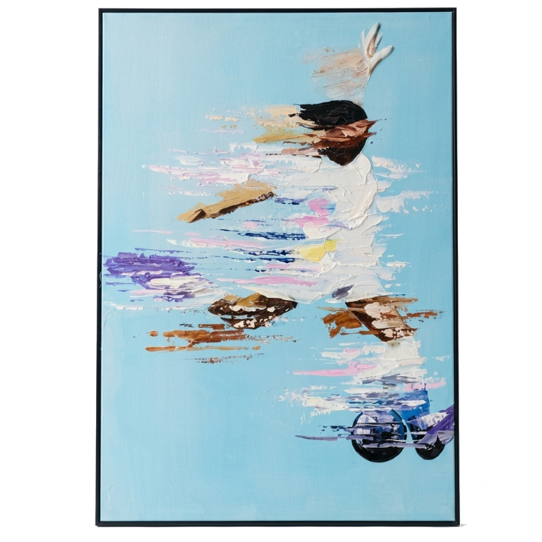 Abstract artwork with a person underwater surrounded by colorful reflections on water.