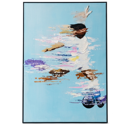 Abstract artwork with a person underwater surrounded by colorful reflections on water.