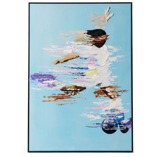 Abstract artwork with a person underwater surrounded by colorful reflections on water.