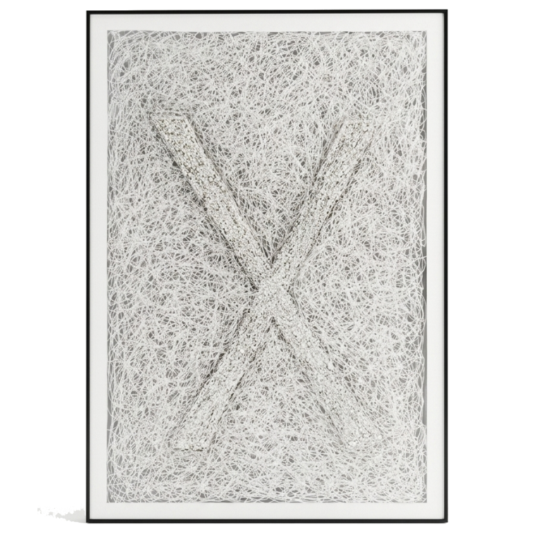 Framed abstract black and white artwork on a white background