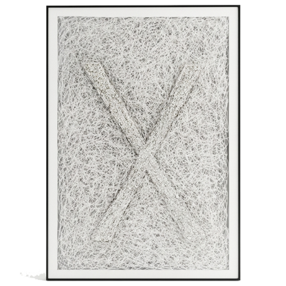 Framed abstract black and white artwork on a white background