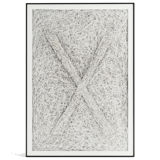 Framed abstract black and white artwork on a white background